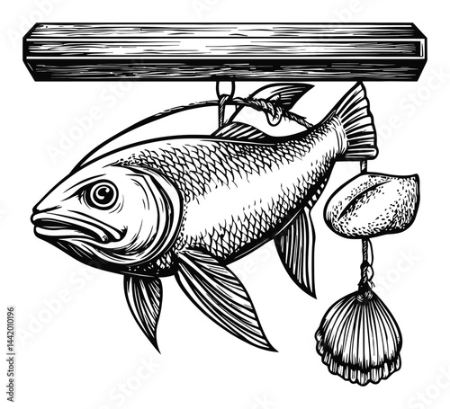 Detailed Vintage Engraving of Fish with Shell and Wood Elements
