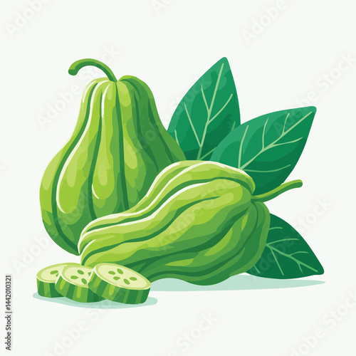 green, organic, fresh, ingredient, food, vegetable, raw, healthy, natural, agriculture, vegetarian, chayote, background, diet, white, fruit, plant, nutrition, vegetables, isolated, nutritious, freshne