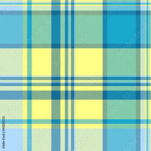 Jpg fabric texture plaid, hipster seamless textile pattern. Unique check background tartan vector in cyan and yellow colors.