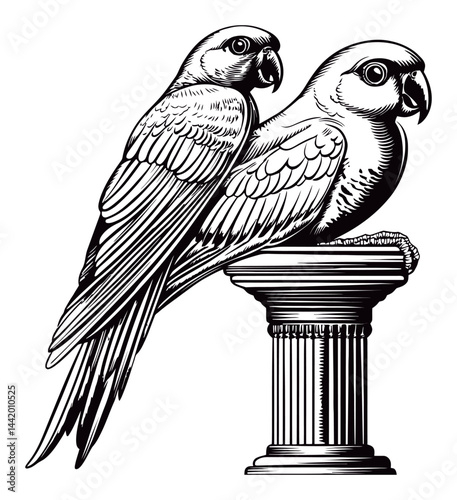 Engraved Illustration of Two Parrots on a Classic Column