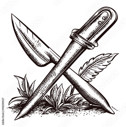 Vintage Engraving of Crossed Knife and Gardening Tool with Leaves