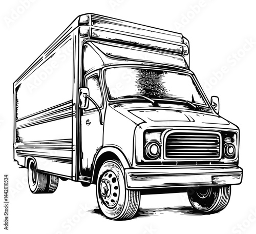 Detailed Engraving of a Classic Delivery Truck in Black and White