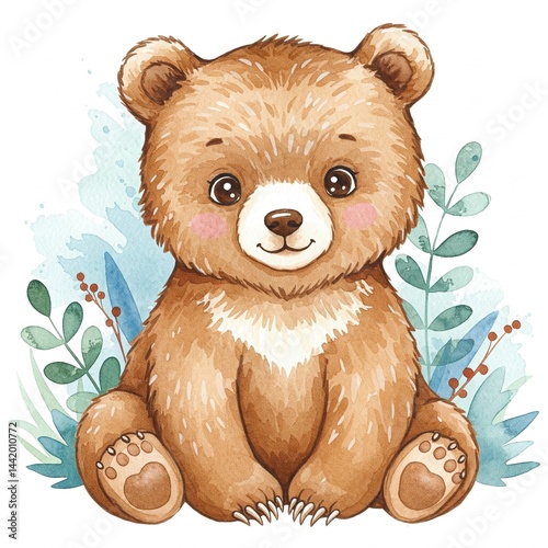 Watercolor illustration of a cute brown bear.