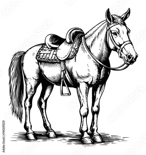 Detailed Engraving Illustration of a Horse with Saddle