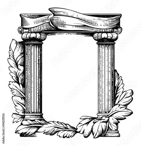 Vintage Engraving of Classical Columns with Decorative Leaves