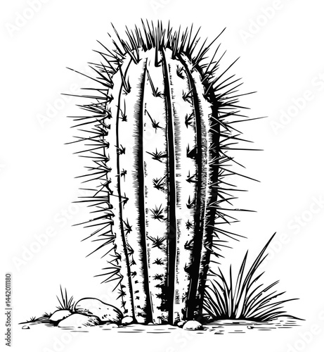 Detailed Engraving of a Tall Cactus with Spines and Surroundings