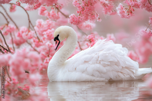 Fototapeta Naklejka Na Ścianę i Meble -  White swan gracefully swimming in pond among pink flowers.