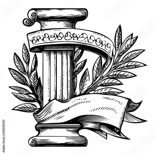 Detailed Engraved Illustration of a Classical Column and Laurel Wreath