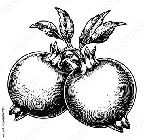 Detailed Engraving of Pomegranates with Leaves in Black and White