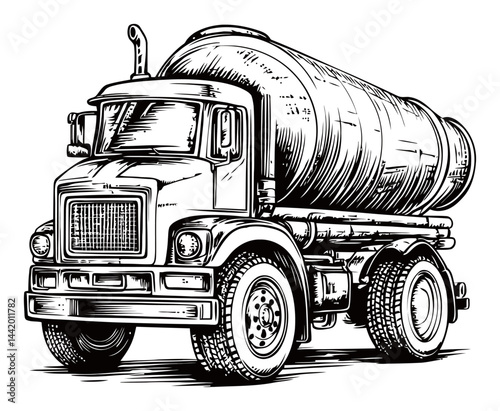 Vintage Engraving of a Concrete Mixer Truck in Black and White