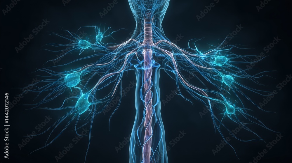 Peripheral Neuropathy Awareness Week, illustration. Artistic illustration of human nervous system with glowing blue peripheral nerves extending through limbs, anatomical accuracy with stylized element