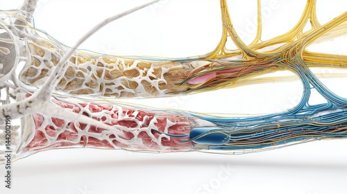Peripheral Neuropathy Awareness Week, illustration. Detailed conceptual illustration showing magnified view of damaged nerve fibers versus healthy nerves, cross-section anatomical style photo