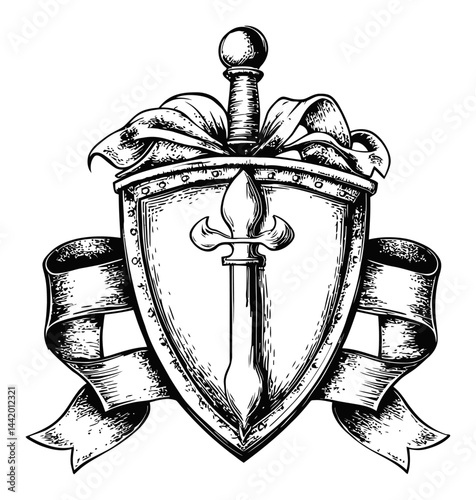 Detailed Engraving of a Shield with Sword and Ribbon Decoration