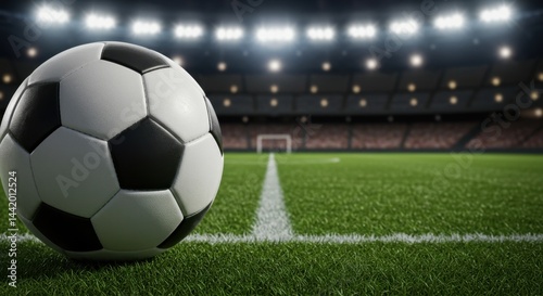 Soccer Ball on Stadium Field Night Game Ready for Kickoff