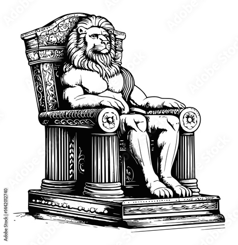 Detailed Lion Throne Engraving with Intricate Illustration Design