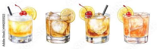 Whiskey sour cocktails with ice cubes, lemon slices, maraschino cherries, and foam in short glasses. Watercolor illustration on transparent background. Classic bar drink and cocktail party concept