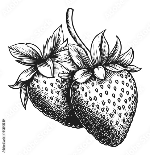 Detailed Black and White Engraving of Two Strawberries with Leaves