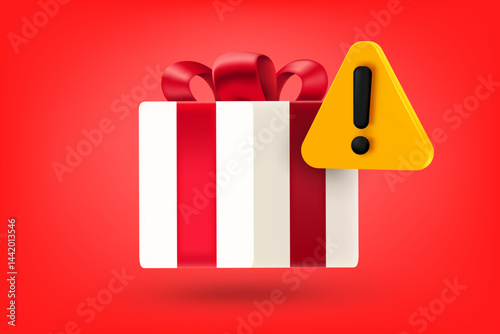 Web fishing concept. Gift box with red ribbon and exclamation sign. 3d vector illustration