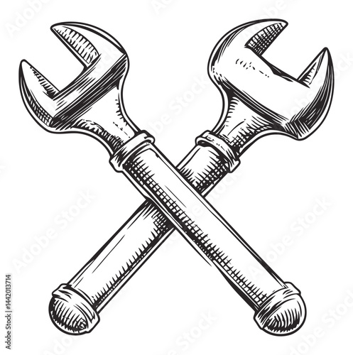 Hand-Drawn Engraving of Crossed Wrenches for Illustration Purposes