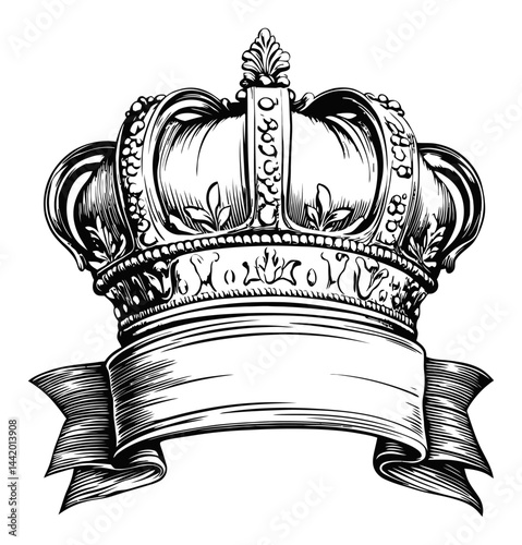 Ornate Crown Engraving with Decorative Ribbon Banner Design