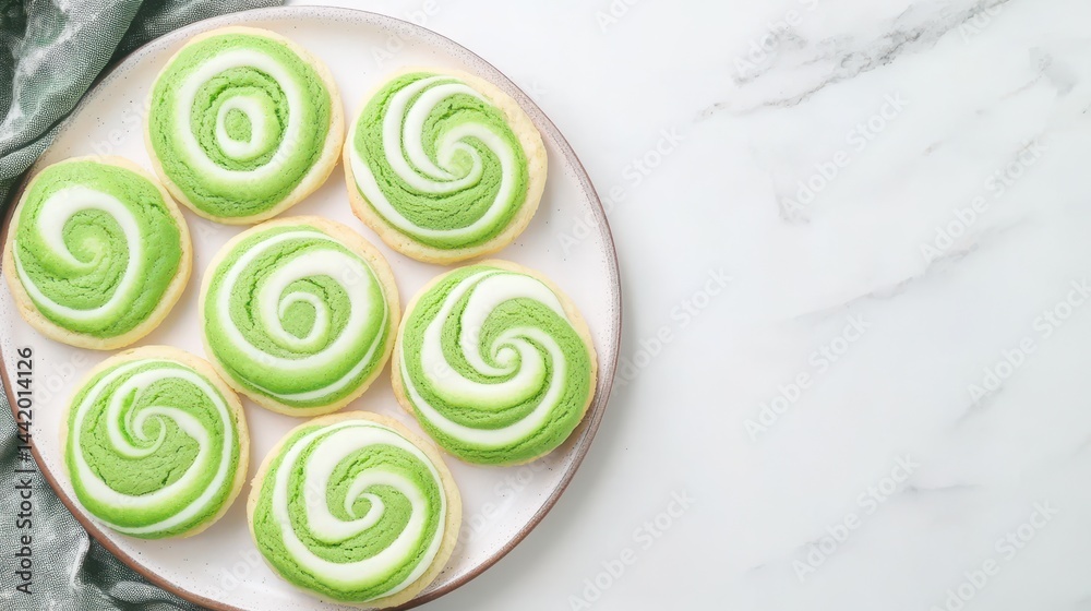 Swirl Cookies: Delicate swirl cookies in a vibrant shade of green, resting invitingly on a pristine plate. This shot captures the delightful detail of the dessert, ready to be enjoyed.