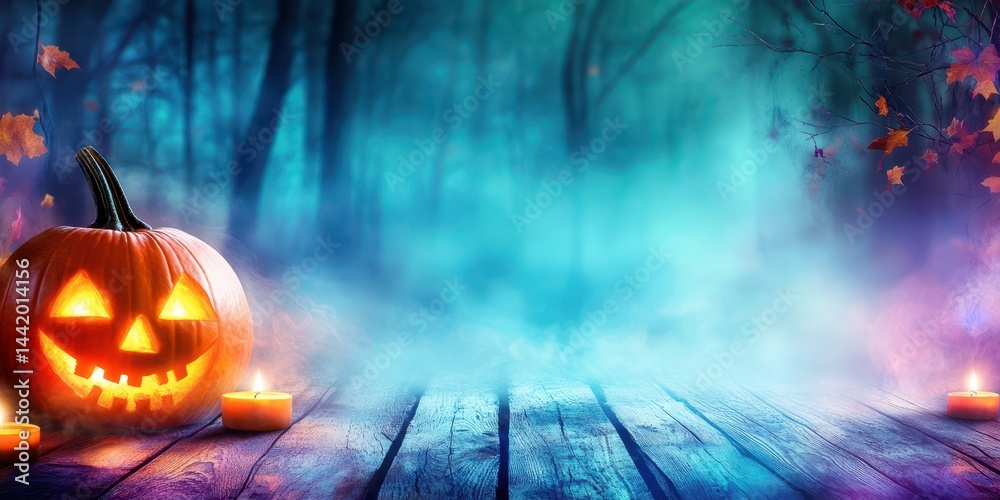 Spooky Pumpkin Glow: An eerie pumpkin jack-o-lantern grins mischievously, its flickering candlelight casting an unsettling glow across a fog-shrouded forest path.