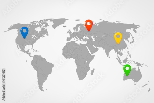 World map with color pins. 3d vector illustration