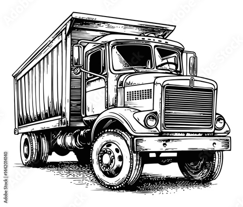 Vintage Truck Engraving Illustration in Black and White Style