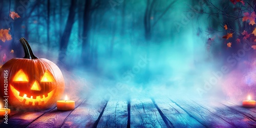 Obraz na płótnie Spooky Pumpkin Glow: An eerie pumpkin jack-o-lantern grins mischievously, its flickering candlelight casting an unsettling glow across a fog-shrouded forest path. w salonie