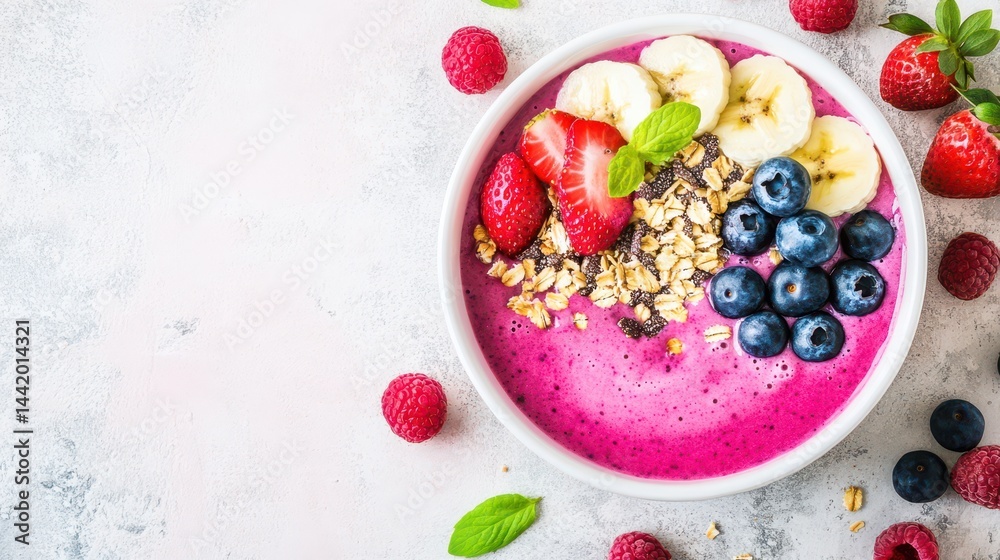 Berry Bliss Bowl: A vibrant smoothie bowl brimming with an array of fresh berries and tropical fruits, a colorful and healthy treat to tantalize the taste buds.