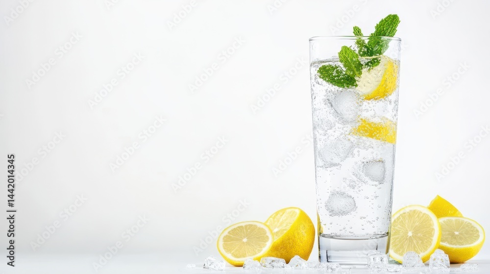 Refreshing Citrus Splash: A vibrant glass of sparkling water, adorned with fresh lemon slices, cool ice cubes, and fragrant mint leaves, promises a moment of pure refreshment.