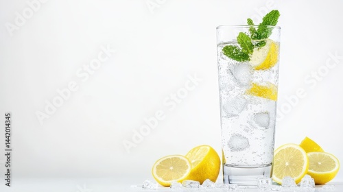 Obraz na płótnie Refreshing Citrus Splash: A vibrant glass of sparkling water, adorned with fresh lemon slices, cool ice cubes, and fragrant mint leaves, promises a moment of pure refreshment. w salonie