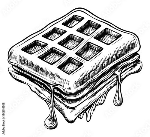 Detailed Engraving of Delicious Waffle with Dripping Syrup