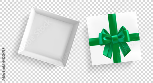White gift box with green ribbon and bow. 3D vector elements isolated on transparent background