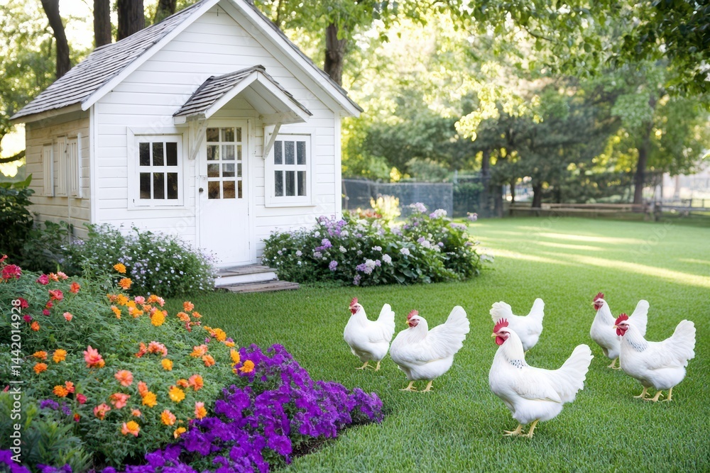 Backyard Bliss: Charming scene of a small, white garden shed, set amidst a vibrant garden with colorful blooms, and a collection of pristine, white chickens peacefully roaming free.