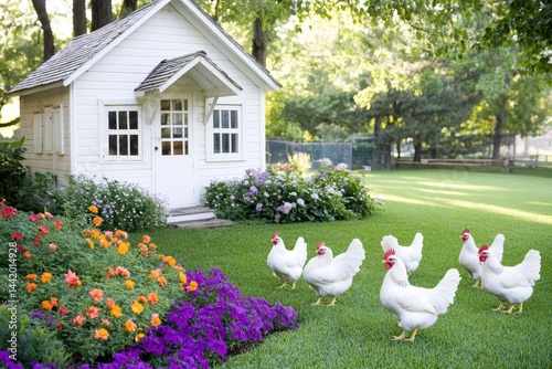 Obraz na płótnie Backyard Bliss: Charming scene of a small, white garden shed, set amidst a vibrant garden with colorful blooms, and a collection of pristine, white chickens peacefully roaming free. w salonie