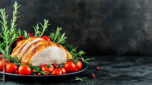 Obraz na płótnie Roasted Turkey Feast: A succulent, roasted turkey, glistening with savory juices, is adorned with fresh rosemary sprigs, plump cherry tomatoes. w salonie