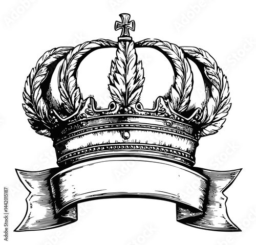 Vintage Crown Illustration with Decorative Elements and Banner Design
