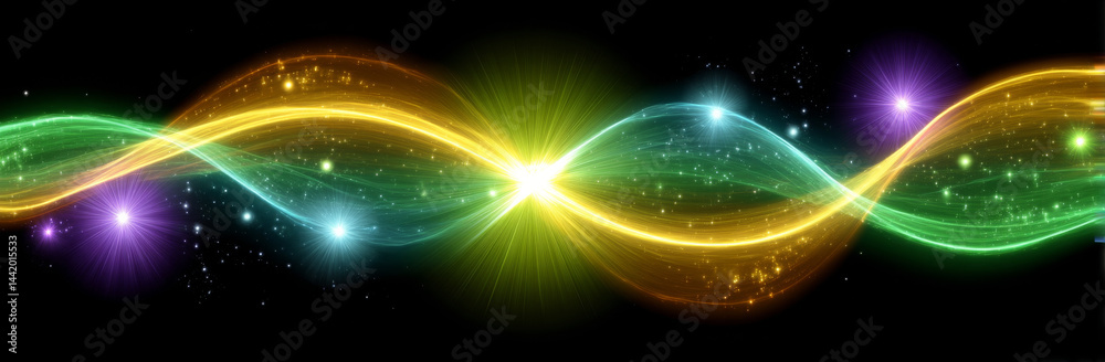 Bright and colorful waves of light create mesmerizing visual effect, showcasing vibrant hues of green, yellow, and purple against dark background
