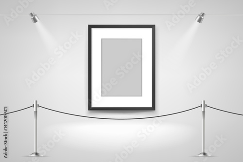 Photorealistic bright interior with blank picture frame. 3d vector mockup