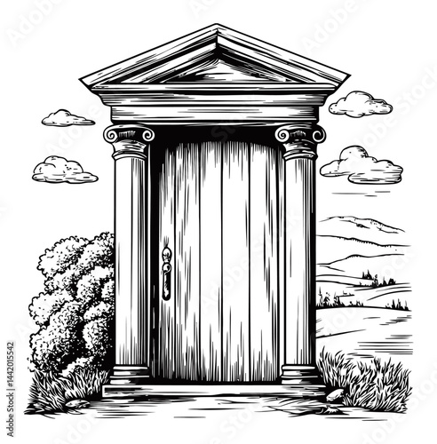 Engraved Illustration of a Door Surrounded by Nature and Landscape