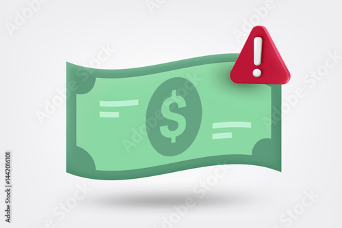 Green dollar banknote and exclamation sign. 3d vector illustration