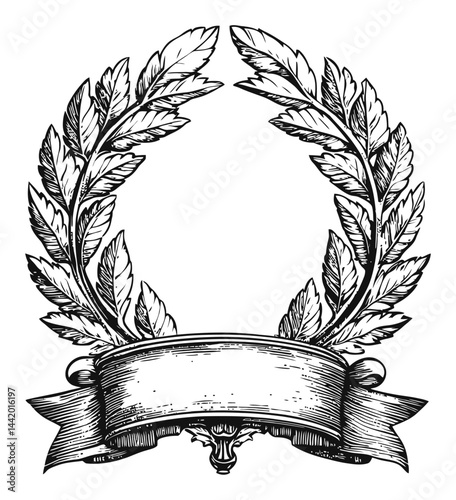 Vintage Engraving of Laurel Wreath with Blank Banner for Customization