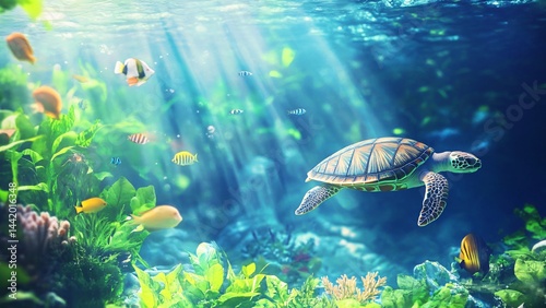Sea turtle swims on the bottom of the blue ocean among sea inhabitants. Banner template of the underwater world and biome diversity, for advertising diving, caring for nature and travel or vacation