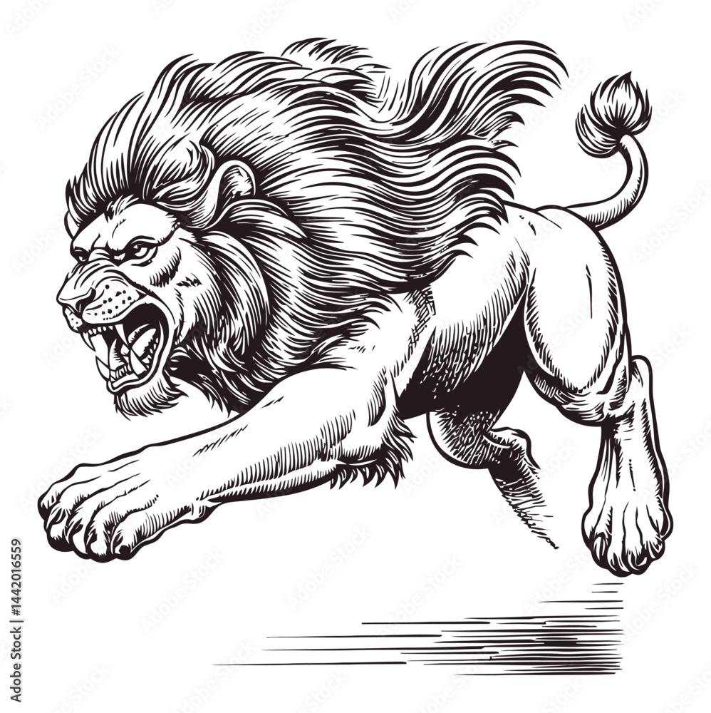 Obraz premium Fierce Engraving of a Running Lion with Flowing Mane and Dynamic Pose