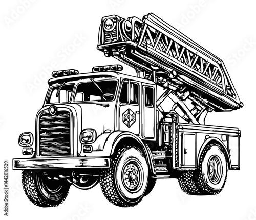 Vintage Fire Truck Engraving with Extended Ladder Illustration