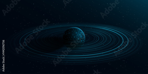 Cyber planet Saturn textured with pattern of hexagons with ring around and shining stardust. Scientific presentation backdrop for online conference. Black outer space concept. Cosmic Science backgroun