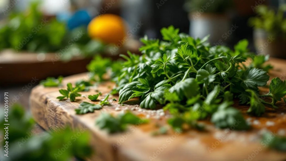 Fresh herbs on the wooden chopping board.