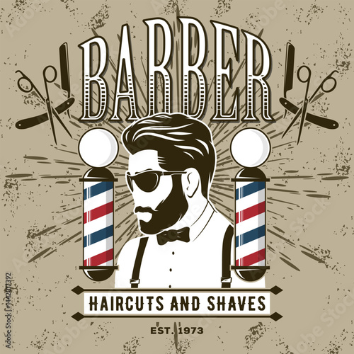Barbershop logo, poster or banner design concept with barber pole and bearded men. Vector illustration