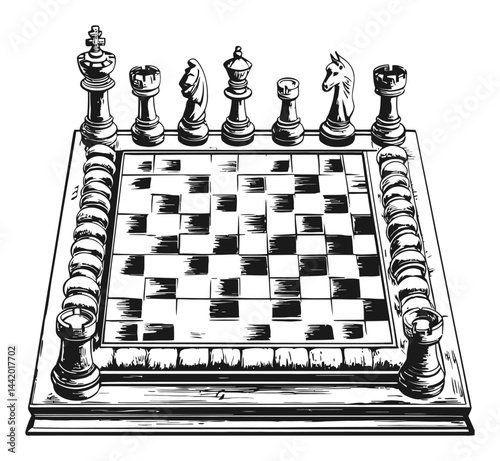 Vintage Chessboard Engraving with Detailed Pieces and Intricate Design